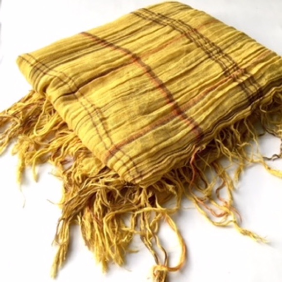 Accessories - Mustard Yellow Plaid Cotton Scarf/Shawl w Fringe
